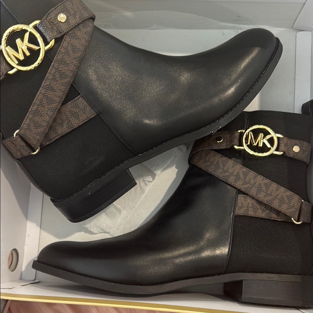 Michael Kors Black Boots with Gold and Brown Details